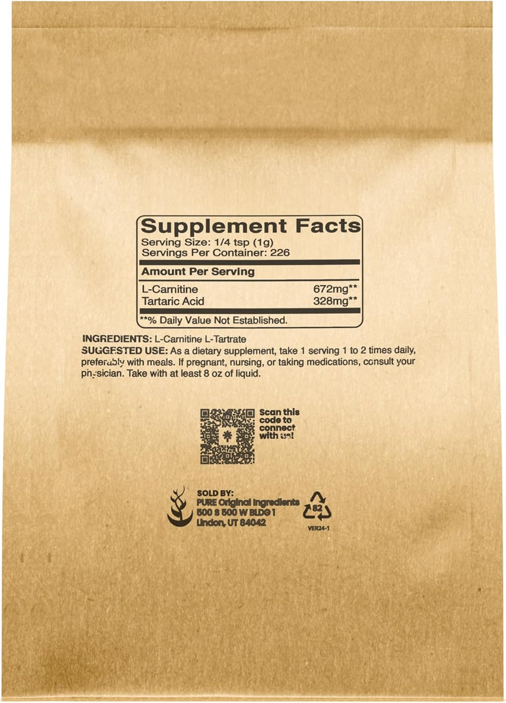 Pure Original Ingredients L-Carnitine L-Tartrate (8oz) Powder, Amino Acid Supplement, Lab-Verified