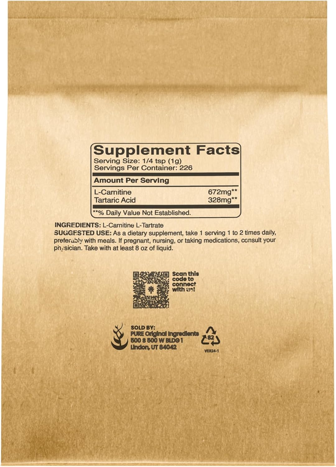 Pure Original Ingredients L-Carnitine L-Tartrate (8oz) Powder, Amino Acid Supplement, Lab-Verified