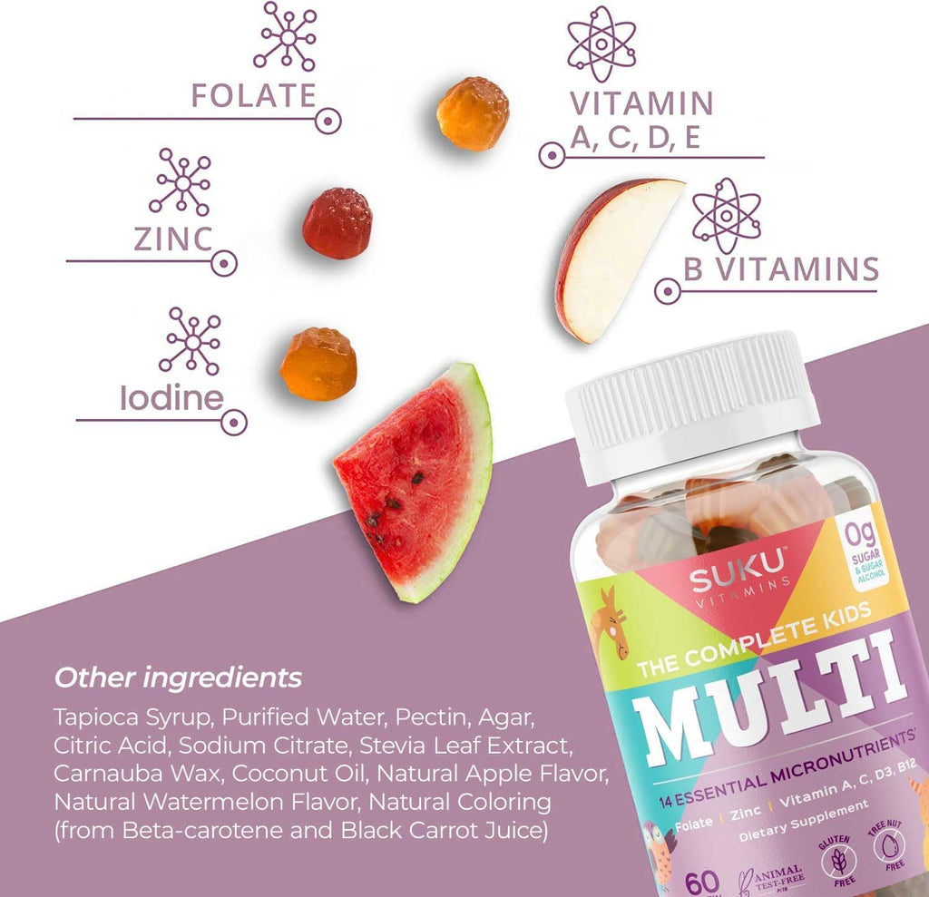 SUKU The Complete Kids Multivitamin Gummies – Vitamins A, C, D, E, B6, B12, Folate & Zinc – Immune Support, Sugar-Free, Gluten-Free, Non-GMO, Tropical Bonanza Flavor – 60 Count