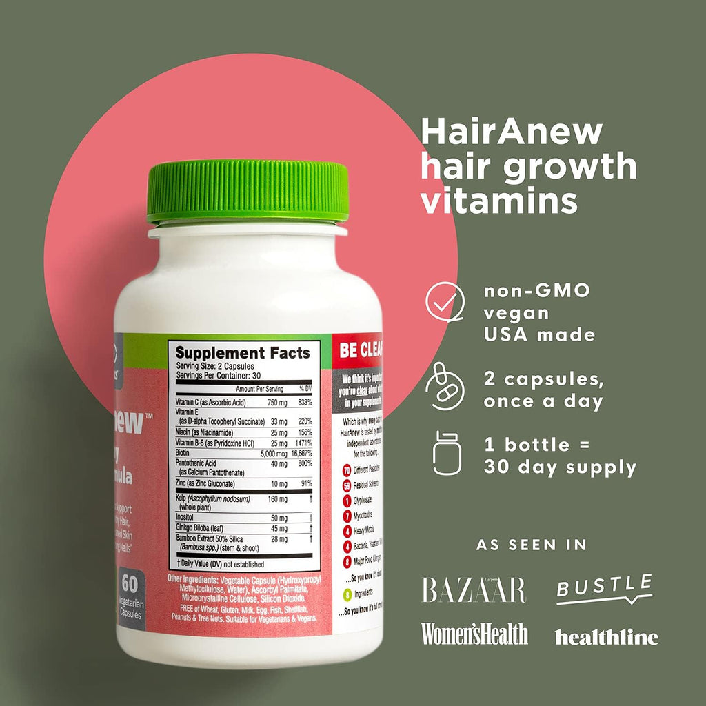 HairAnew Hair Growth Vitamins for Thicker Stronger Hair | Works for Women & Men All Hair Types | 11 Hair Vitamins & Ingredients | 5000mcg Biotin | Vegan | Independently Tested | 60 Capsules (6)