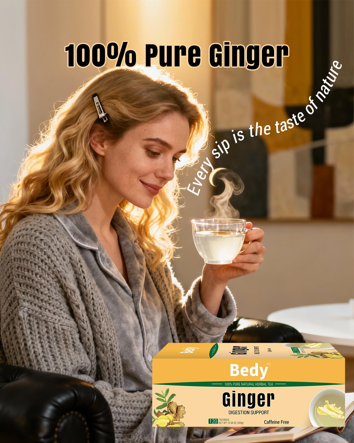 Bedy Ginger Tea Supports Healthy Digestion, Pure Natural Herbal Tea, Spicy & Warm, Caffeine Free, 120 Teabags Individually Wrapped
