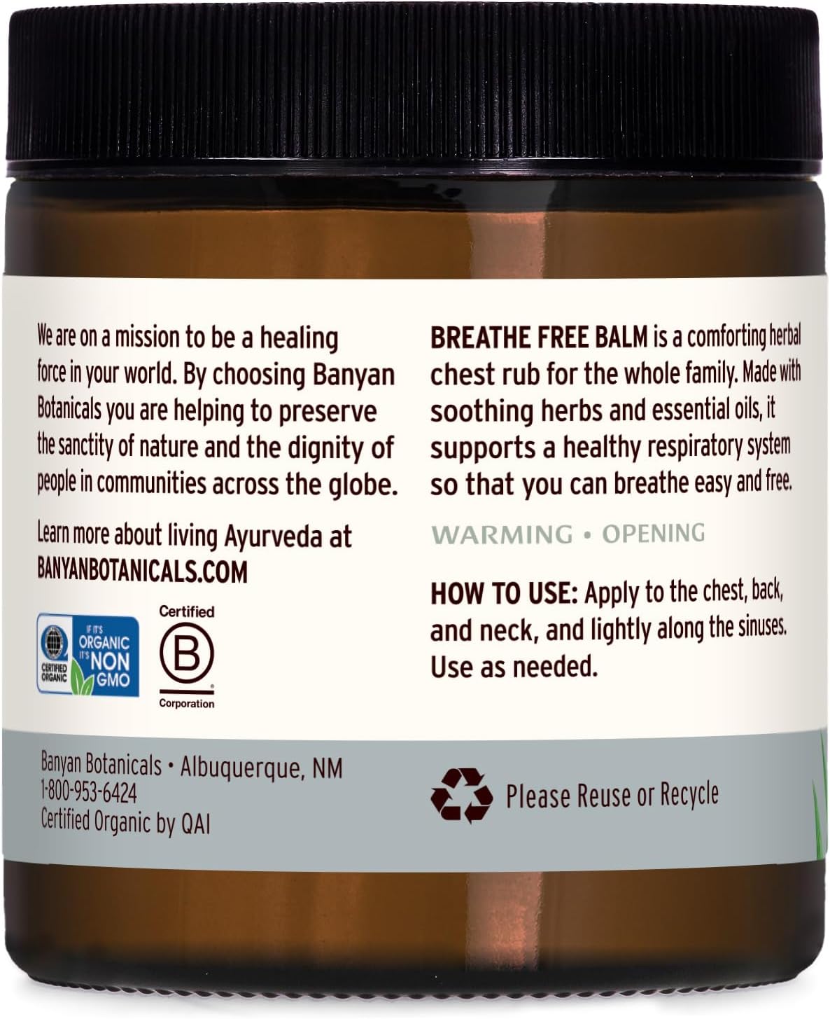 Banyan Botanicals Breathe Free Balm – 99% Organic, Natural Chest Rub with Eucalyptus & Menthol Crystals ­­– for Respiratory Relief & Easy Breathing – 4 oz. – Non GMO Sustainably Sourced Vegetarian