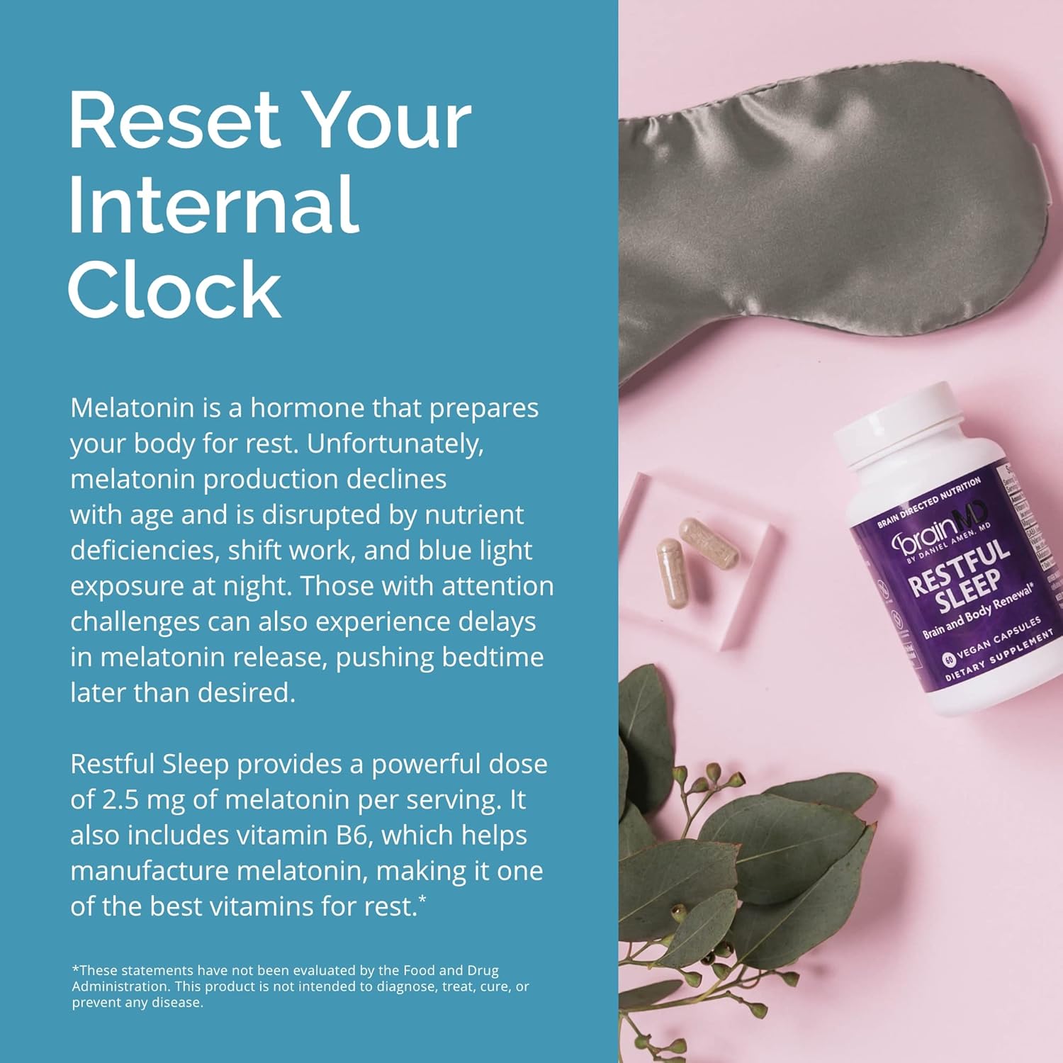 Dr. Amen brainMD Restful Sleep - 60 Capsules - Promotes Relaxation & Calm, Contains Melatonin, Valerian, GABA & Magnesium, Non-Habit Forming - Gluten-Free - 15 Servings