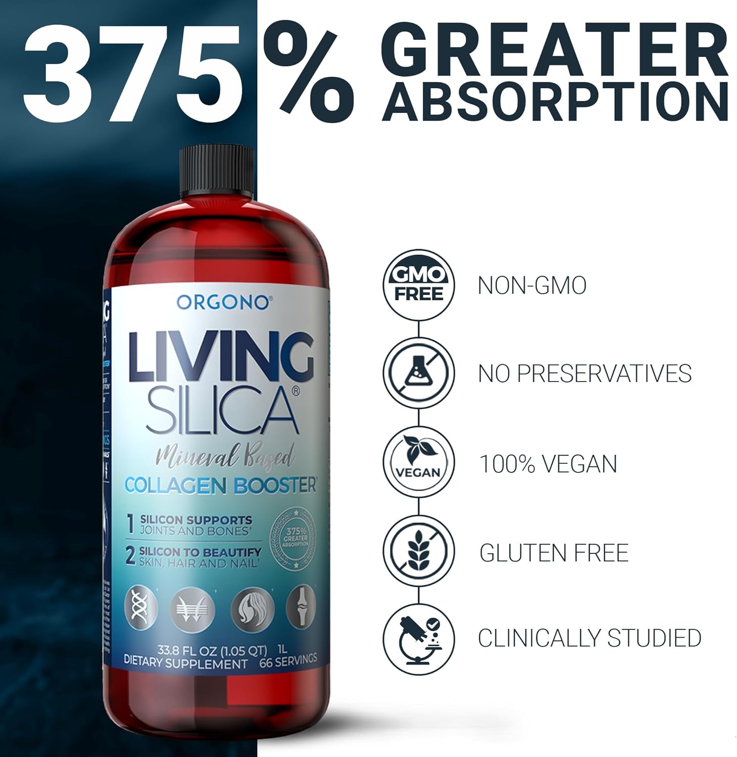 Orgono Living Silica Collagen Booster | Vegan Mineral-Based Silica Supplement | Supports Healthy Collagen & Elastin Production for Joint & Bone Support, Glowing Skin, Strong Hair & Nails | 33.8 Fl Oz