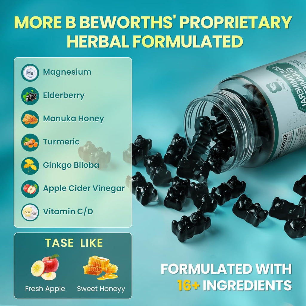 Sea Moss Black Seed Oil Ashwagandha Gummies, Irish Sea Moss Multimineral Supplement with Turmeric, Magnesium, Chlorophyll, Elderberry, Manuka Honey, Bladderwrack, Burdock Root, Vegan