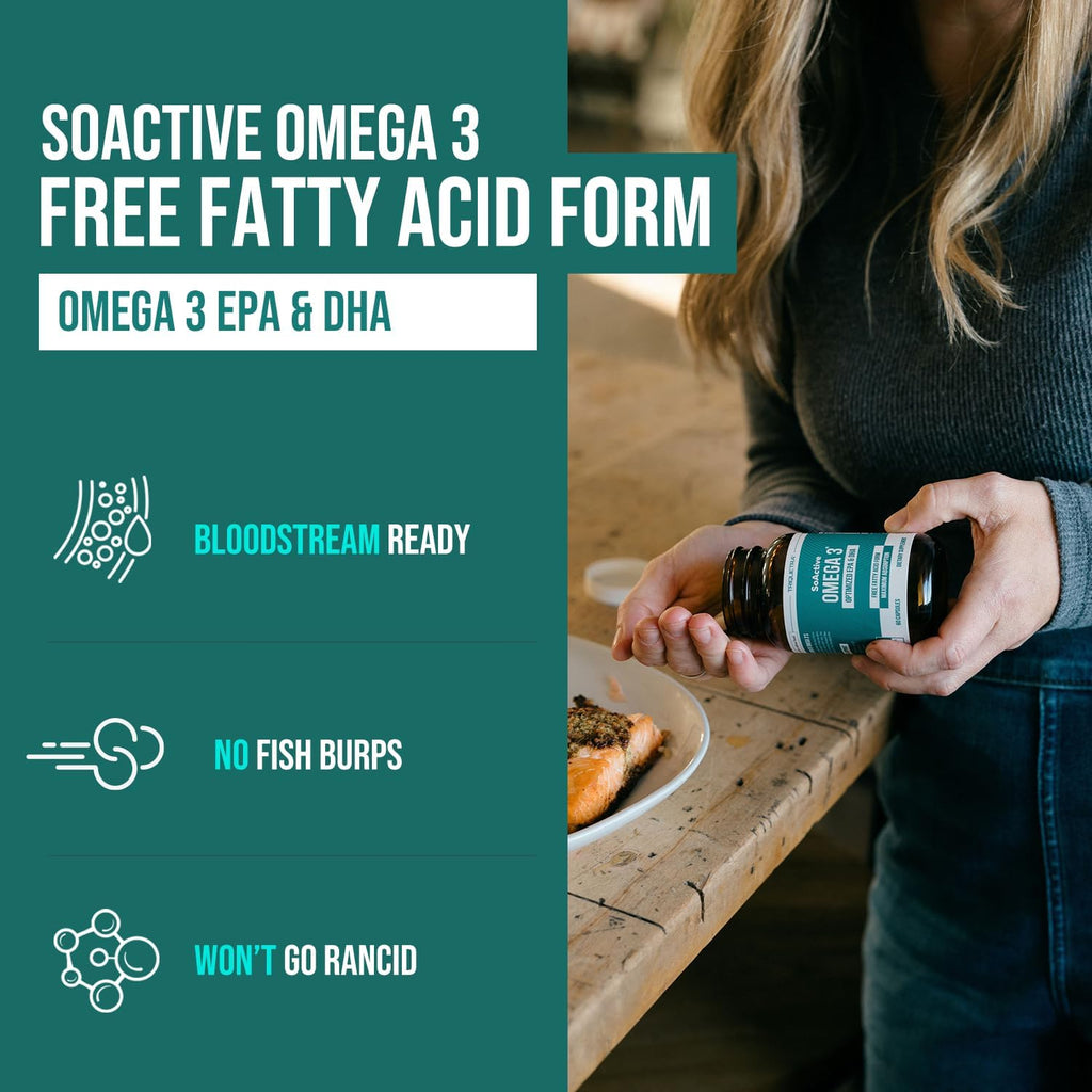 SoActive® Omega 3 EPA & DHA | Free Fatty Acid Form Omega 3 | Near Perfect Absorption – Up to 95% Absorption Rate | Bloodstream Ready EPA & DHA – More Effective Than Fish Oil & Krill Oil (60 Capsules)