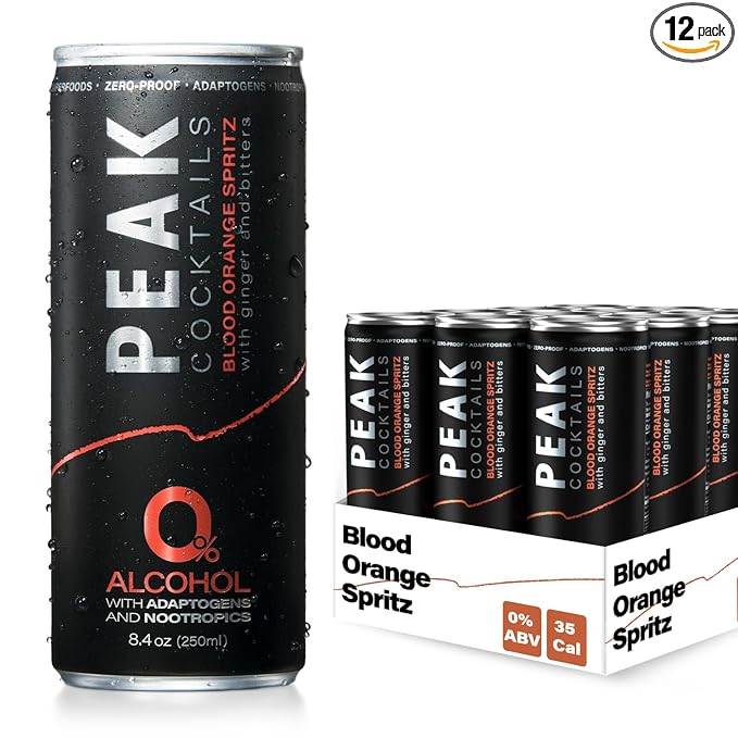 Peak Cocktails Non-Alcoholic Cocktail | Adaptogens, Nootropics, Superfoods for Recovery, Calm, Sleep | Ashwagandha, Tart Cherry, L-Theanine | Mixologist-crafted | Blood Orange Spritz | 8.4 oz, 12-Pack