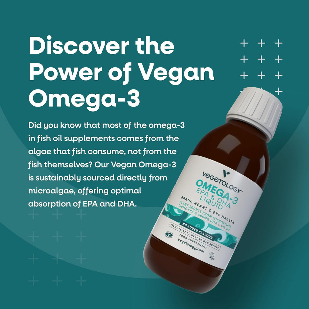 Vegan Omega 3 Liquid, from Microalgae, 800mg of EPA DHA, with Vitamin D3, Supports Heart, Brain and Eye Health, Natural Fish Oil Alternative, UK Made, Unflavoured