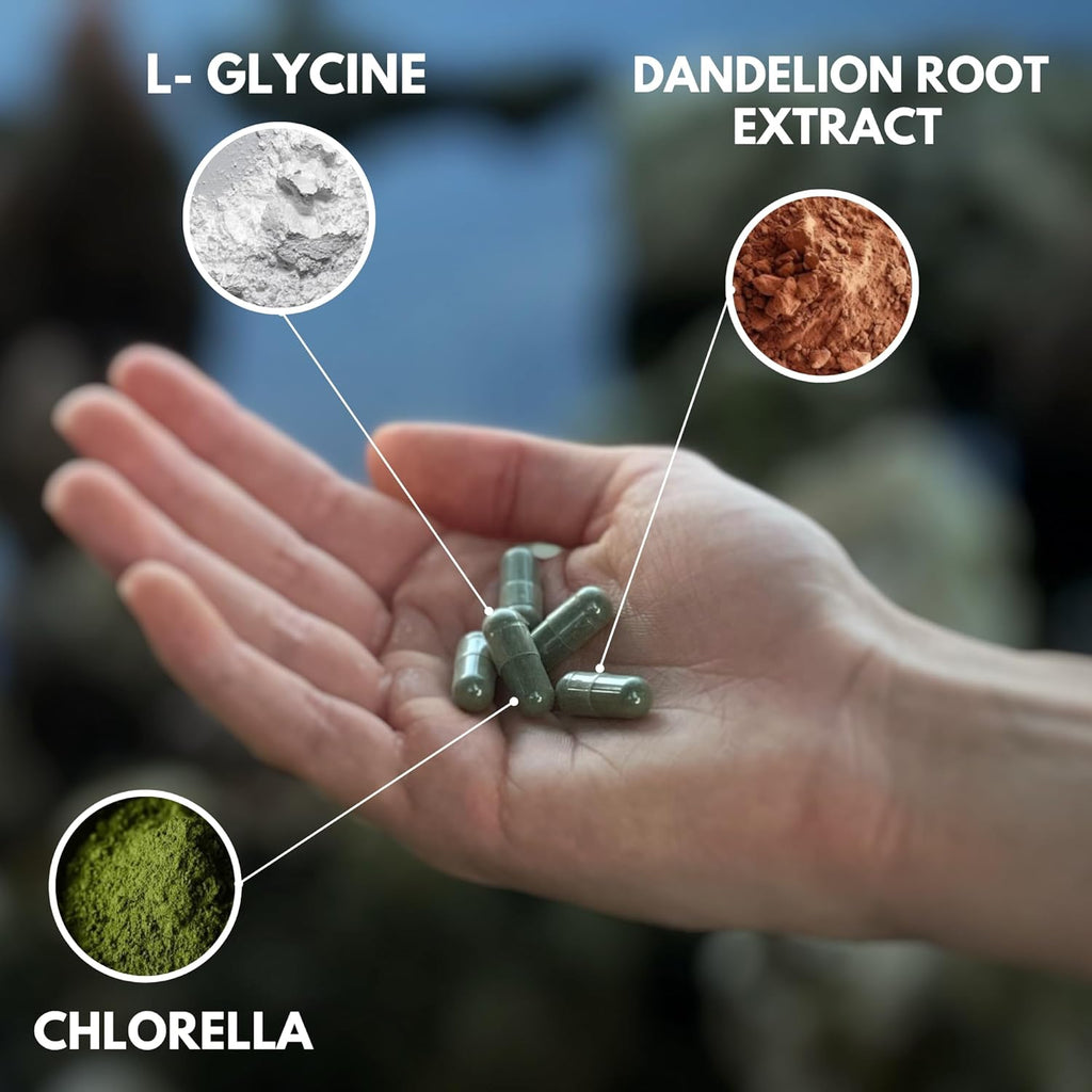 Binder Tablet with Fiber chlorella/Chlorophyll, Liver & Gut Detox Cleanse, Colon and Toxin Flush. glycine and Dandelion Root and salud, Pure no fillers. 60 Capsules.