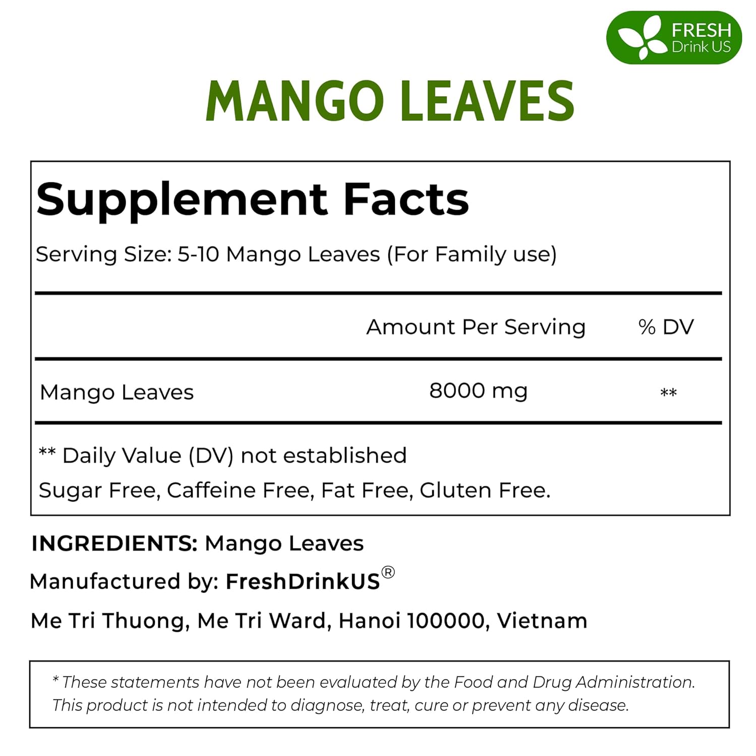 FreshDrinkUS, Premium 140+ Mango Whole Leaves Dried, 100% Natural & Pure from Dried Mango Leaves, Mango Leaf Tea, No Additives, No Caffeine, Vegan