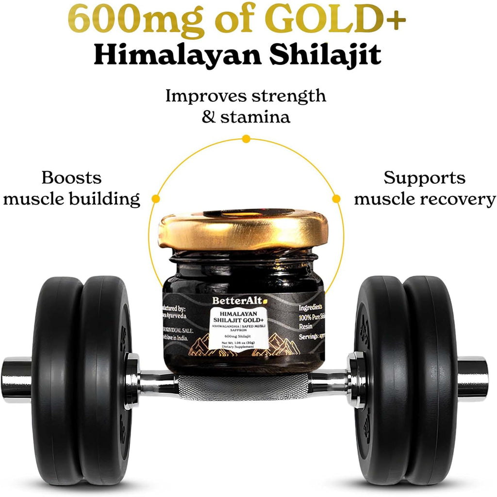 Better Alt Pure Himalayan Shilajit Gold+(30gm)|Enhances Recovery & Boosts Strength|16,000 ft Sourced Blend with Ashwagandha, Safed Musli,Gokshura|Shilajit gold for men & women|Vegan & Lab Tested-600mg