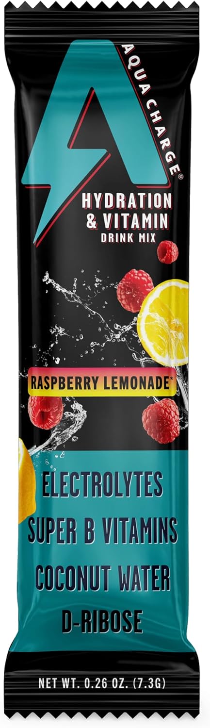 Grab The Gold Aqua Charge Electrolytes Drink Mix | Naturally Flavored Sugar-Free, Hydration Drinks with B Vitamins | Vegan, Gluten-Free, Non-GMO | Raspberry Lemonade - 16 Packs