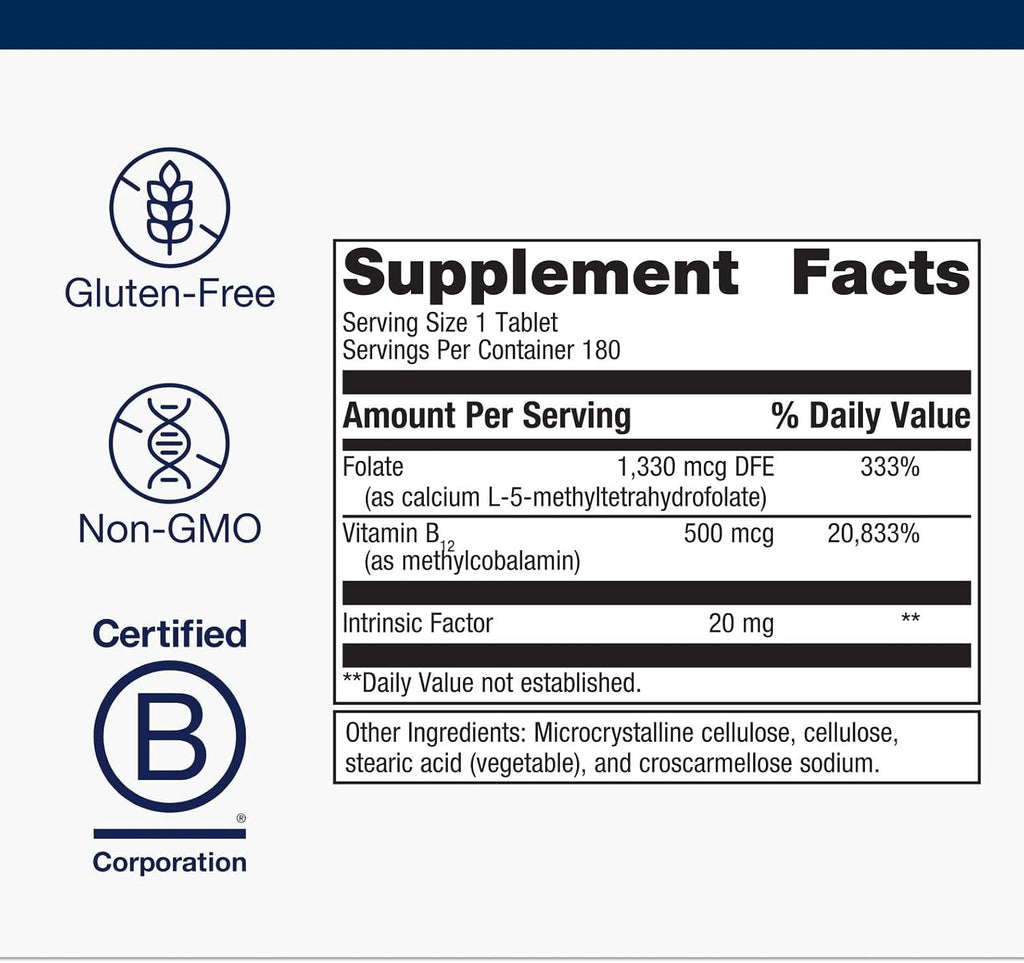 Metagenics Intrinsi Vitamin B12-Folate - Nervous System & Heart Health Support* - With Intrinsic Factor for Absorption* - Vitamin B12 & Folate - Methylcobalamin - 180 Tablets
