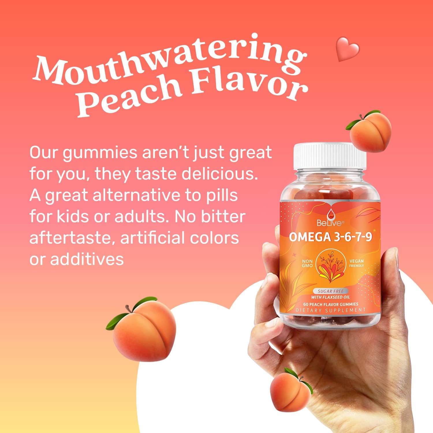 BeLive Organic Omega 3 Gummies - Omega 3 6 9 7 DHA & EPA from Flaxseed Oil & Sea Buckthorn Fruit Oil, Vegan, for Kids & Adults, Full Body, Brain & Eye Support, Sugar Free – Peach | 2-Pack