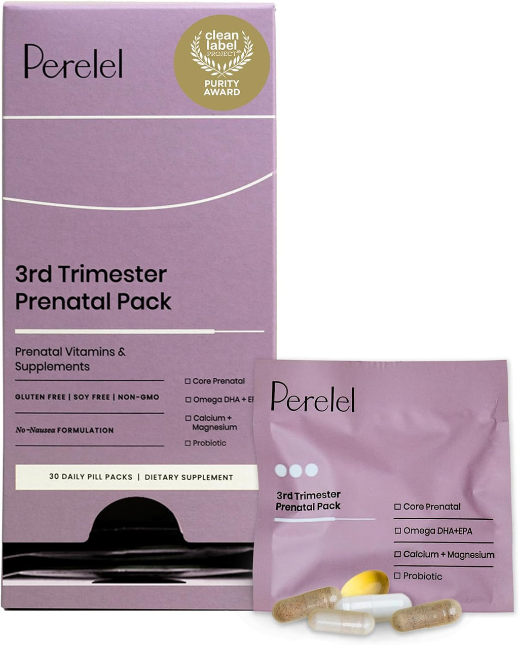 Perelel 3rd Trimester Prenatal Pack, Multivitamin with Magnesium, Omega 3, Probiotics & Calcium, Nutritional Support for Third Trimester Wellness, Soy & Gluten Free, Non GMO, 30 Daily Pill Packs