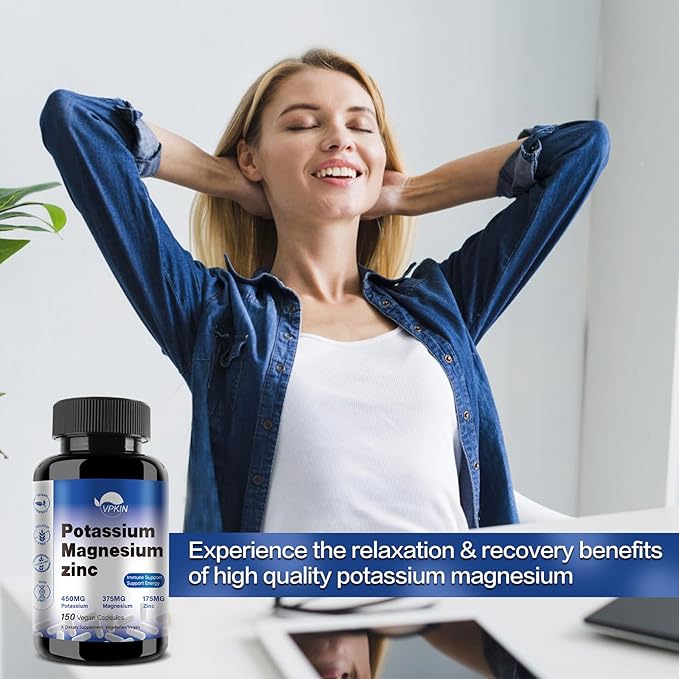 Potassium Magnesium Supplement 1000mg, Magnesium Potassium Zinc Aspartate,Non-GMO, Vegan, (150 Capsules)