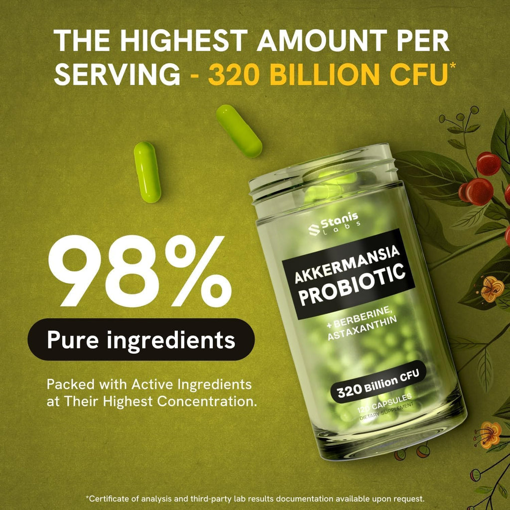 Akkermansia Muciniphila Probiotics 320 Billion CFU| Probiotic and Prebiotic | Akkermansia Probiotics for gut health | Inulin Prebiotic Fiber Capsules Astaxanthin & Berberine & Chromium 480 count
