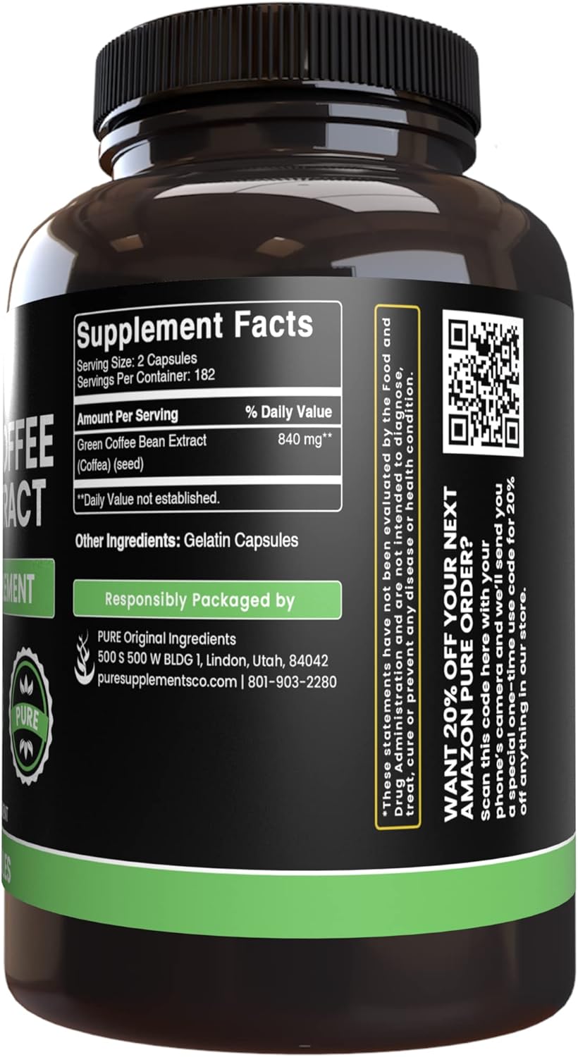 PURE ORIGINAL INGREDIENTS Green Coffee Bean Extract (365 Capsules) No Magnesium Or Rice Fillers, Always Pure, Lab Verified