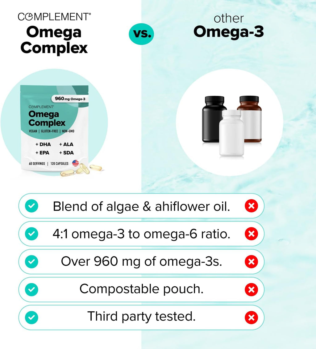 Complement Vegan Omega 3 Supplement- 960mg Omega-3 Fatty Acids, DHA, EPA, SDA, ALA Supplement - Immune Support- 60 Servings, 120 Liquid Capsules