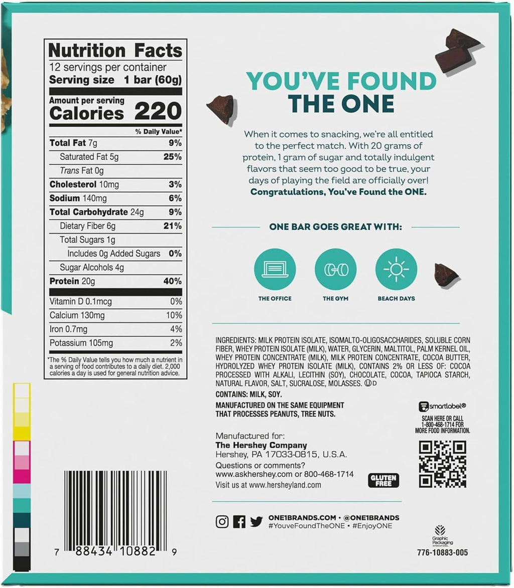 ONE Protein Bars, Chocolate Chip Cookie Dough, Gluten Free with 20g Protein and 1g Sugar, Pantry Staples, 2.12 oz (12 Count)