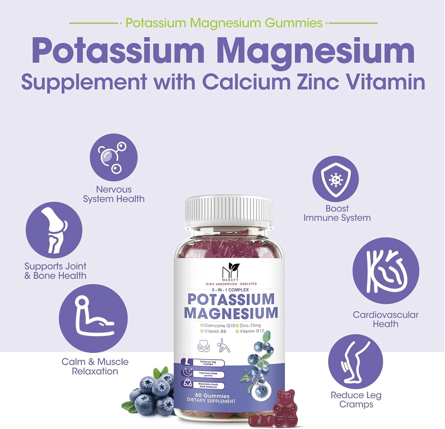2 Pack Potassium Magnesium Gummies, Sugar-Free Potassium Gummies with Magnesium Glycinate 500mg Chewable Magnesium Potassium Supplements with Calcium, Zinc, Vitamin for Leg Cramps & Muscle