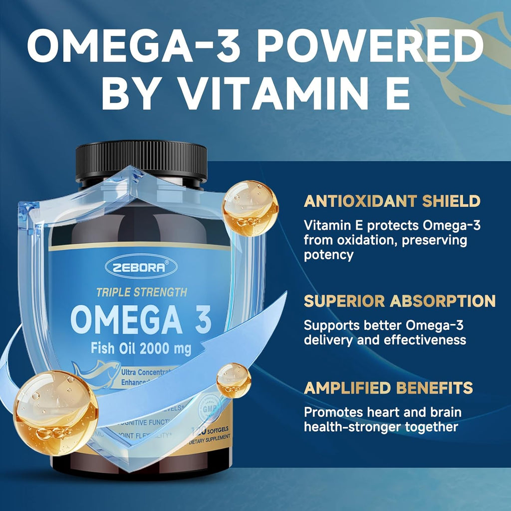 ZEBORA Triple Strength Omega-3 Fish Oil 2000mg – rTG Omega 3 Ultra High-Potency – Supports Heart, Brain, Eye, Skin & Immune Health – Fatty Acids EPA, DHA & DPA, 120 Softgels