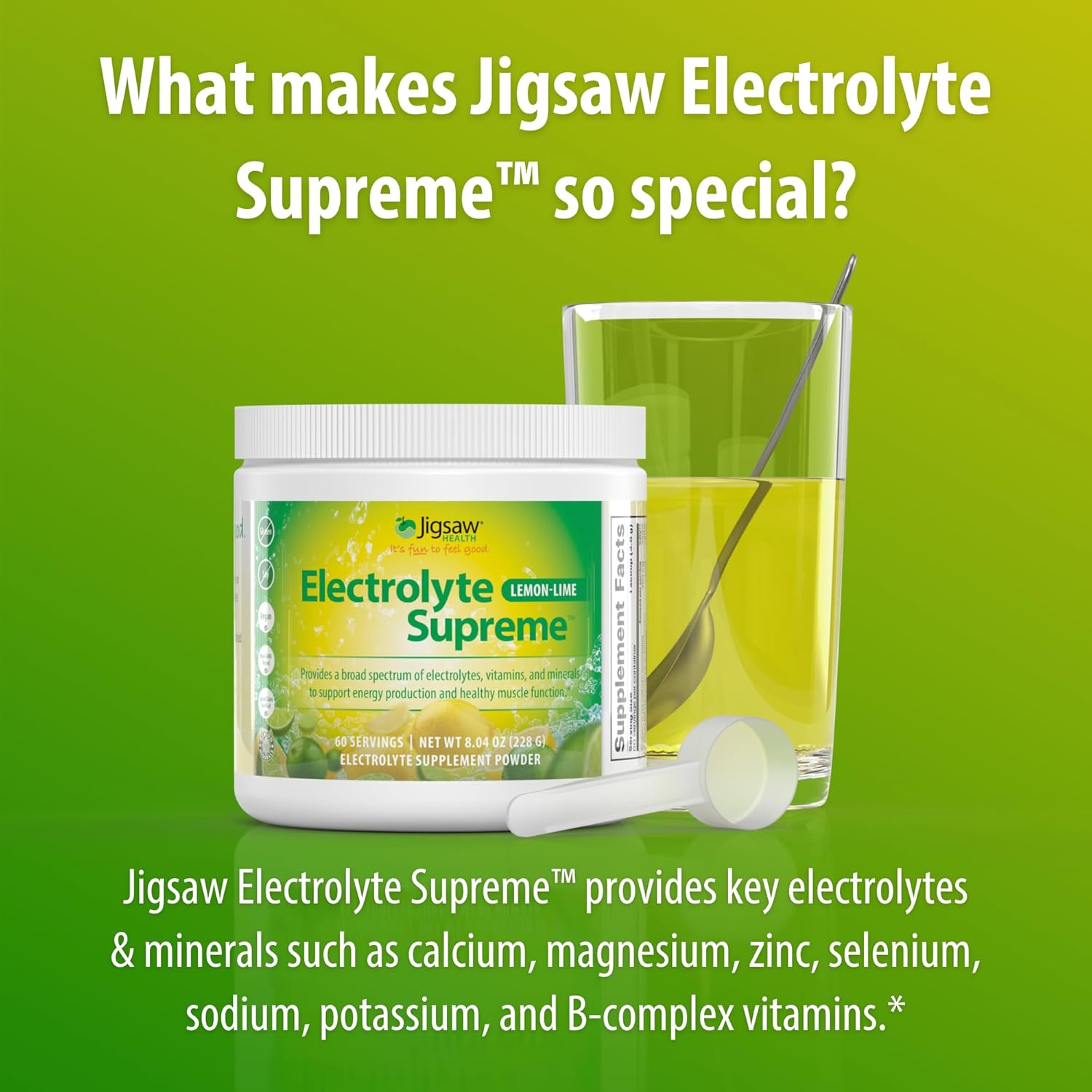 Jigsaw Health Electrolyte Supreme | Broad Spectrum of Electrolytes + Trace Minerals | Lemon-Lime Flavor | 60 Servings (Jar)