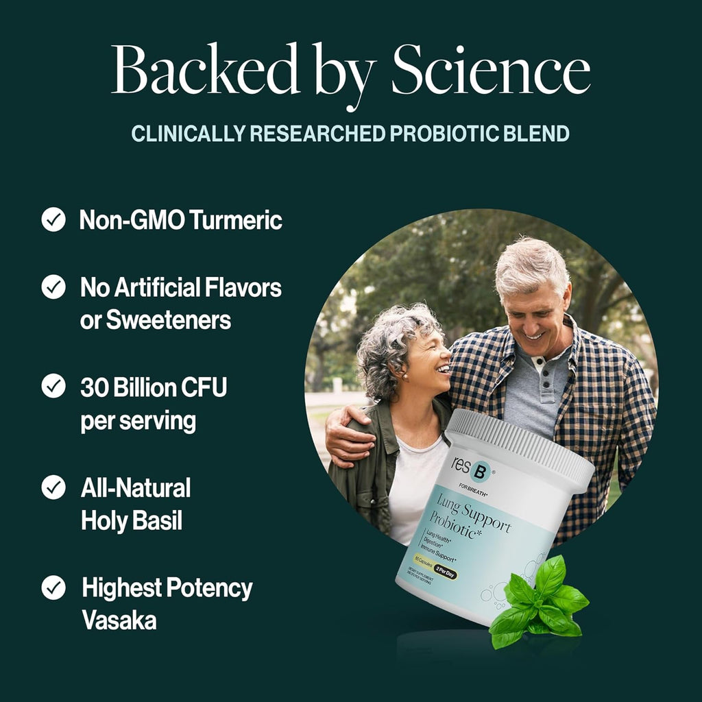 resB Lung Support Probiotic Supplement - Lung Health Supplement for Smokers, Gut Health, Immune Support, Respiratory Care, Holy Basil, Turmeric, Clinically Trialed - 180 Capsules (3 Bottles)