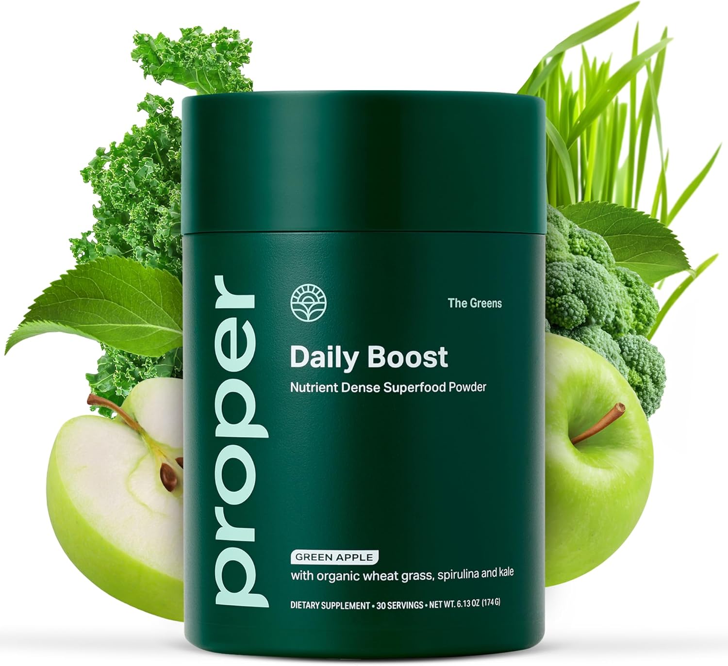 Proper, The Greens Daily Boost Organic Greens Powder. Whole Food, Apple Flavor Veggie Powder Superfood with Wheatgrass, Spirulina, Chlorella, Probiotics. Daily Drink Mix for Wellness and Digestion