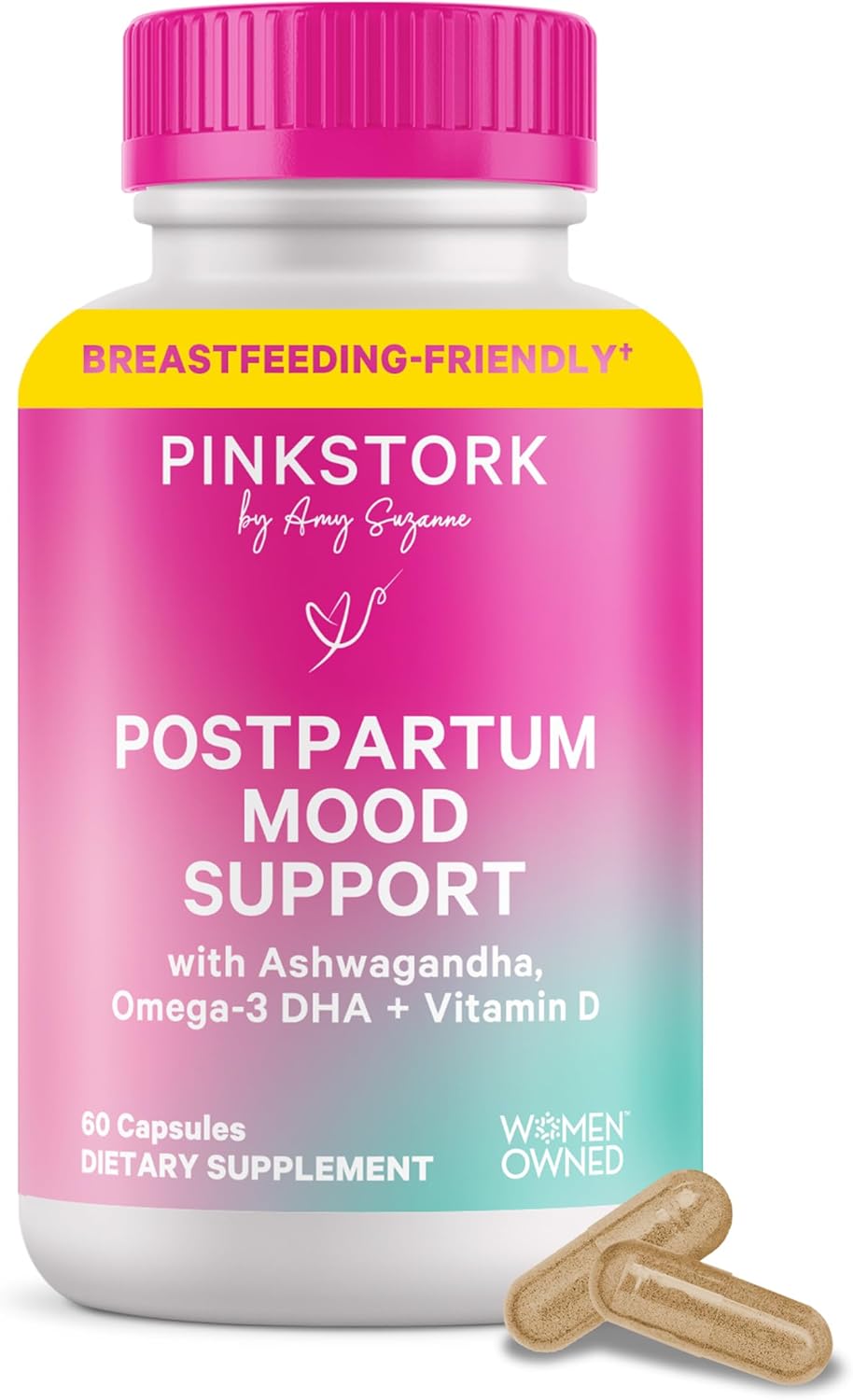 Pink Stork Postpartum Mood Support - Postnatal Hormone Balance for Women - Breastfeeding Friendly - Stress & Cognitive Support, New Mom Essentials - Ashwagandha, Chamomile, & Vitamin D, 60 Capsules