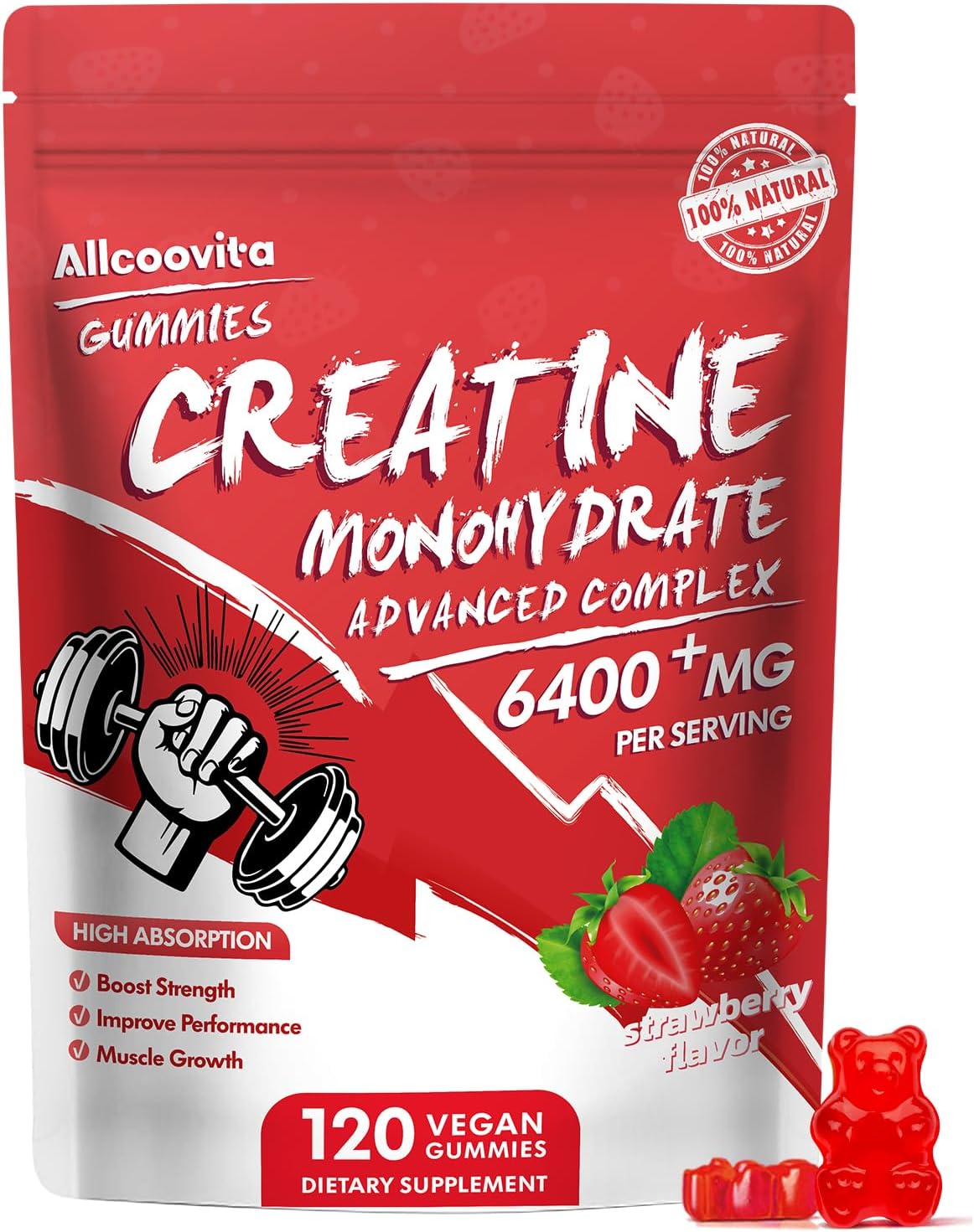 Creatine Monohydrate Gummies Complex for Men & Women - 120 Gummies Advanced Formula, L-Taurine + Vitamin B12 for Muscle Strength, Muscle Builder, Energy Boost, Pre-Workout Supplement-Strawberry