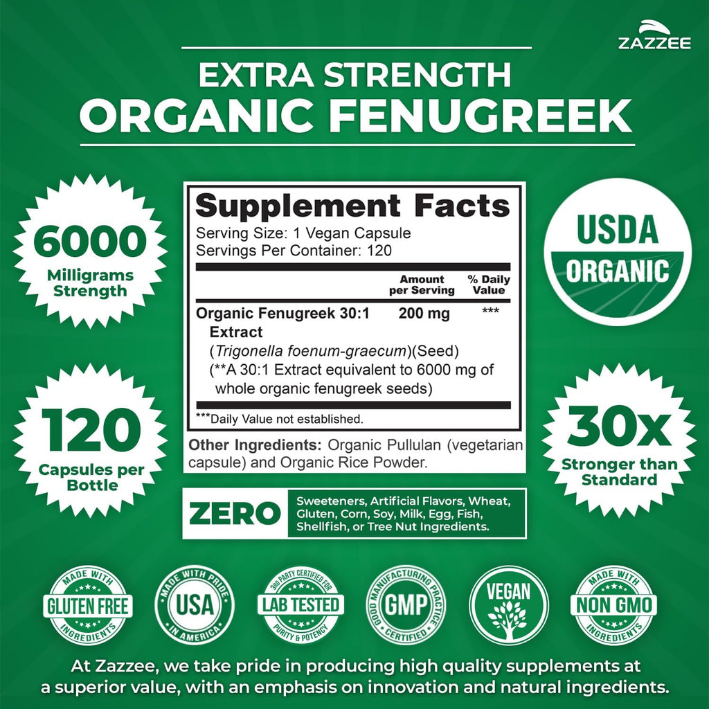 Zazzee USDA Organic Fenugreek 30:1 Extract, 6000 mg Strength, 120 Vegan Capsules, 4 Month Supply, Standardized and Concentrated 30X Extract, 100% Vegetarian, All-Natural and Non-GMO
