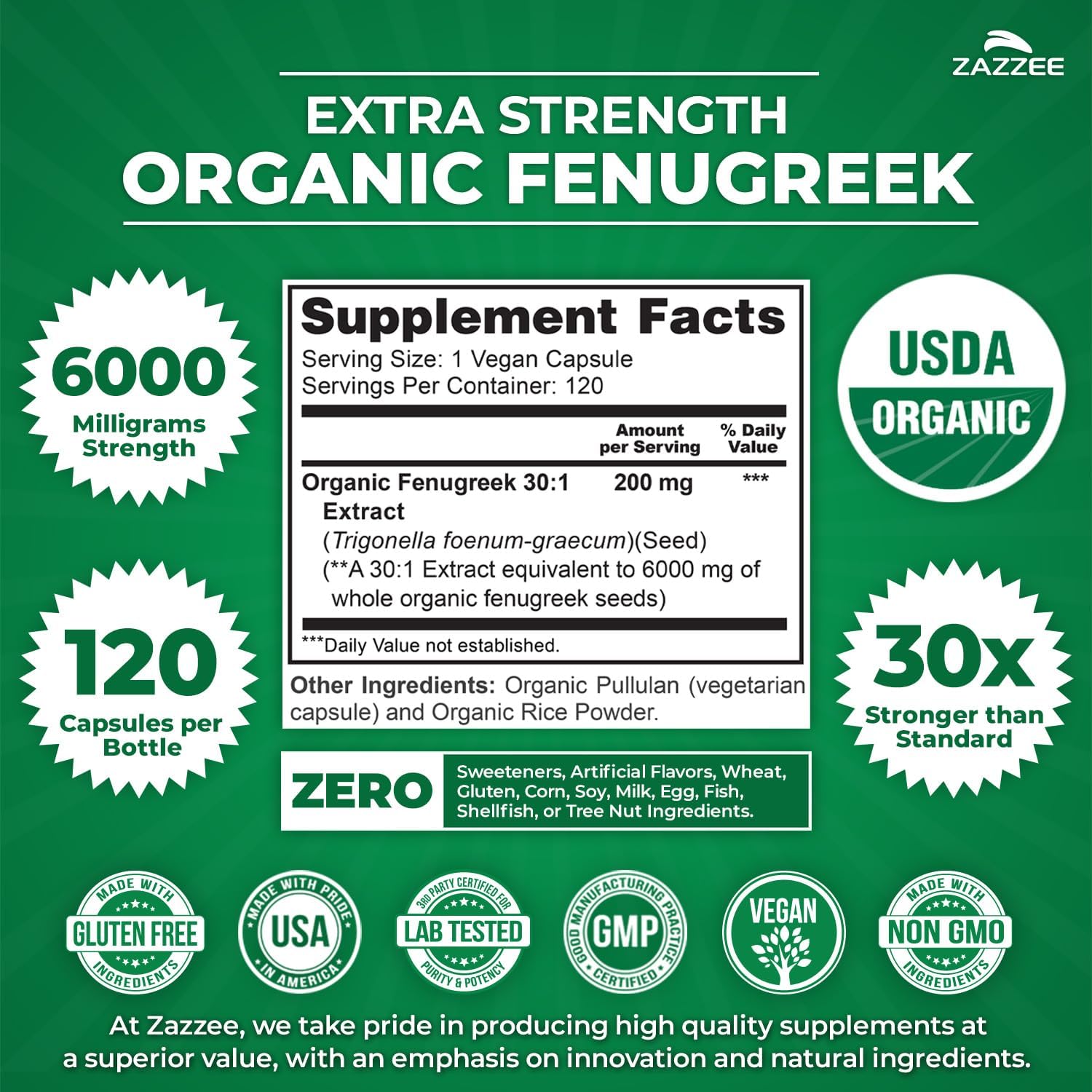 Zazzee USDA Organic Fenugreek 30:1 Extract, 6000 mg Strength, 120 Vegan Capsules, 4 Month Supply, Standardized and Concentrated 30X Extract, 100% Vegetarian, All-Natural and Non-GMO