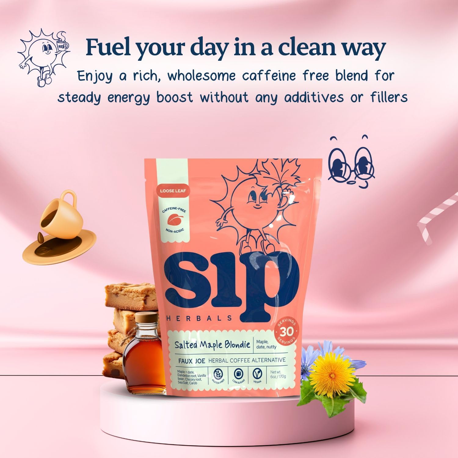 Sip Herbals Salted Maple Blondie Roast Coffee Alternative Loose Leaf - Caffeine-Free Blend with Dandelion Root & Chicory - Smooth Salted Maple Flavor, Vegan & Herbal Drink, As Seen on Shark Tank - 30 Servings