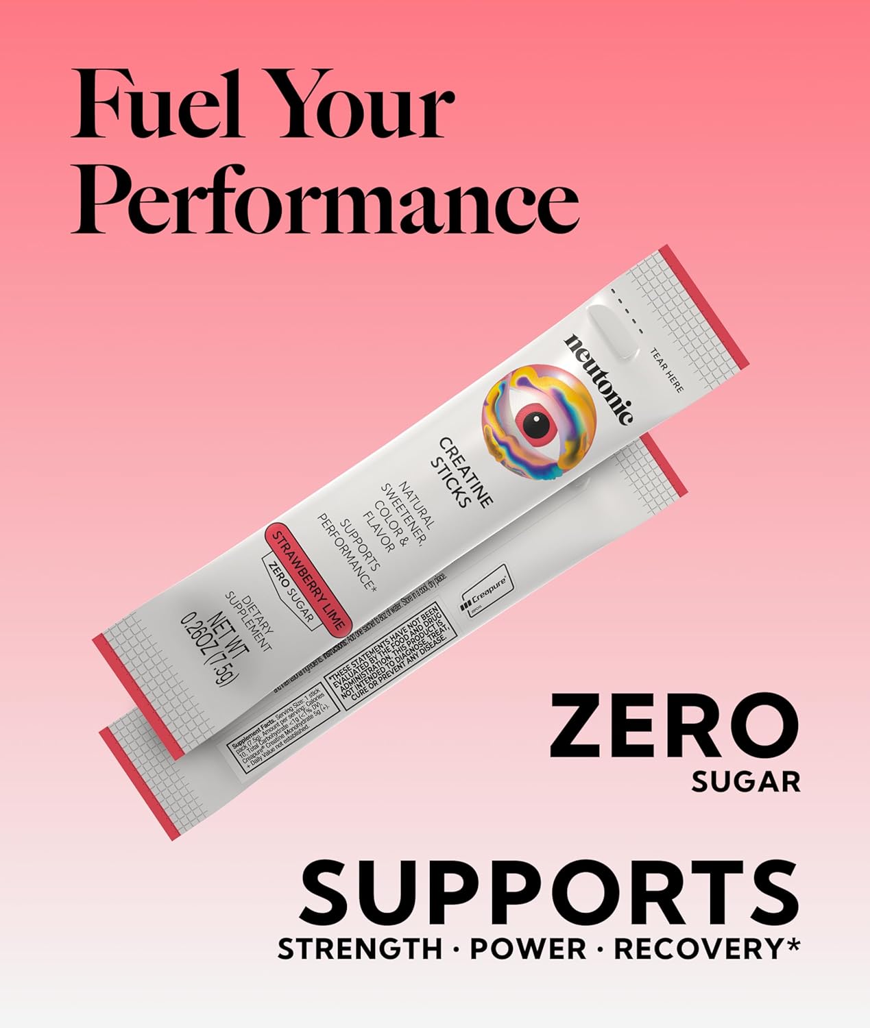 neutonic Creatine Monohydrate | Strawberry Lime Flavored | Premium Micronized Creapure Creatine Powder | Supports Strength and Power | Zero Sugar, Vegan | Convenient Single-Serve Packets | 30 Sticks