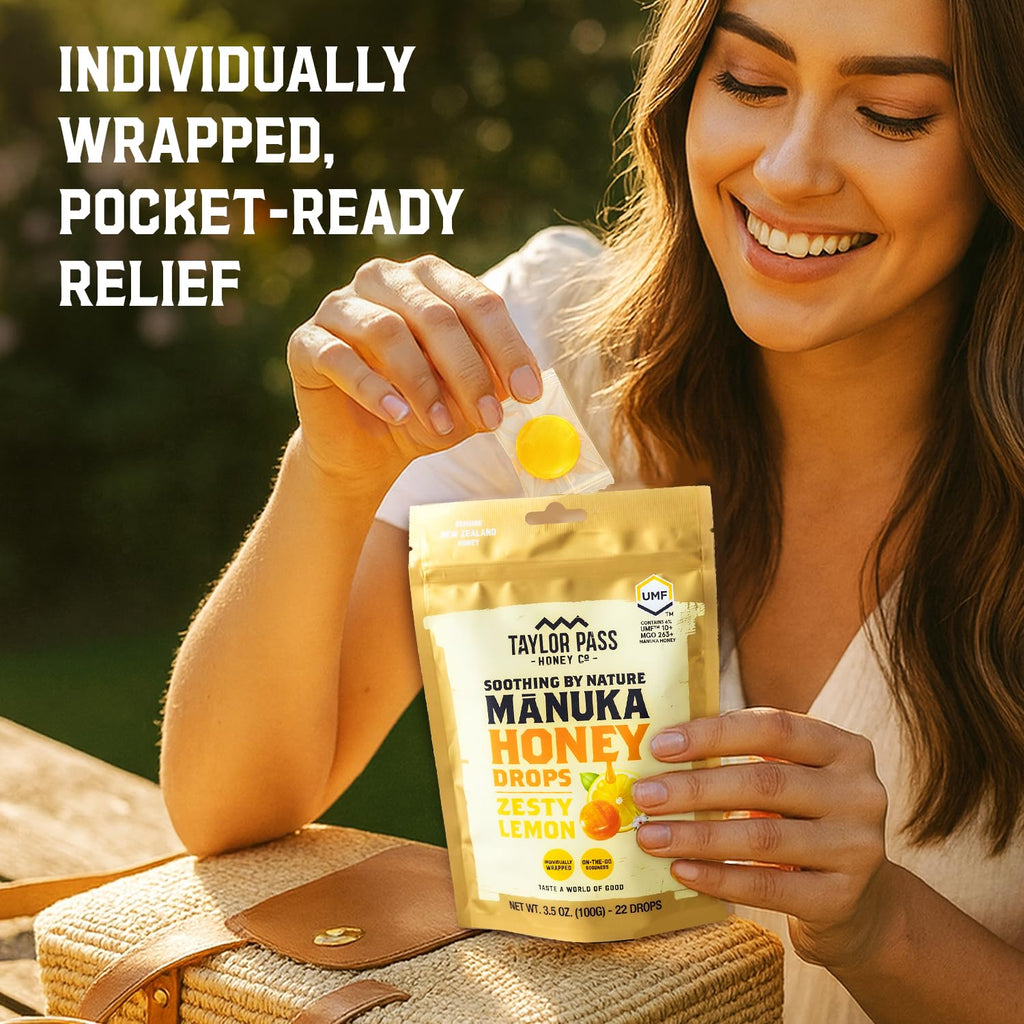 Taylor Pass Honey Co Mānuka Honey Drops UMF™ 10+| Zesty Lemon | Mānuka Honey Lozenges | Soothing Natural Manuka On-The-Go | 22 Individually Wrapped Drops | Made in New Zealand