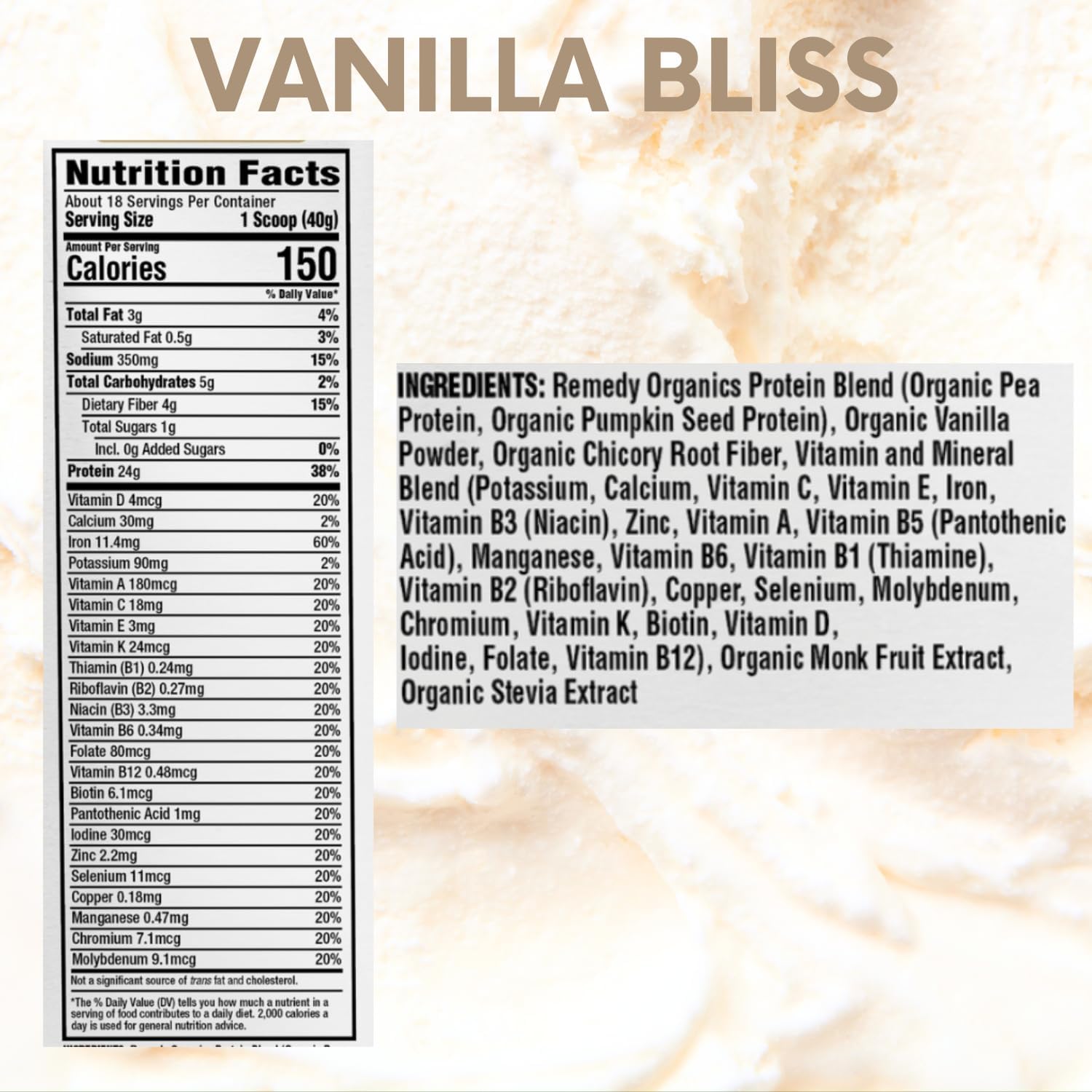 Remedy Organics Plant Based Protein Powder - Vanilla Bliss - 24g Non-GMO Protein, 4g Fiber, 1g Sugar, 21 Essential Vitamins & Minerals, Pre & Post Workout, No Seed Oils, Dairy-Free, Gluten-Free