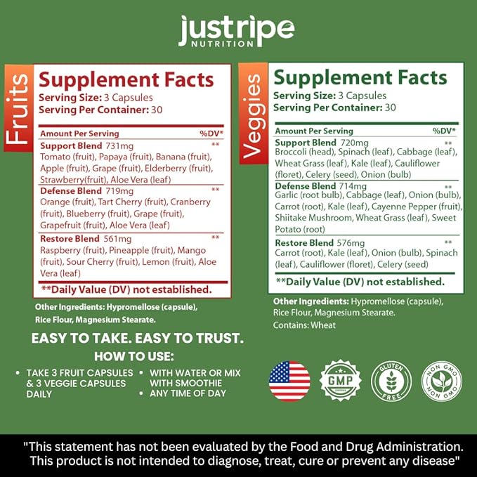 Fruits and Veggies Supplement - 90 Fruit and 90 Vegetable Capsules - 100% Whole Natural Superfood - Filled with Super Greens Vitamins and Minerals - Supports Balance Energy Levels (2 Pack)