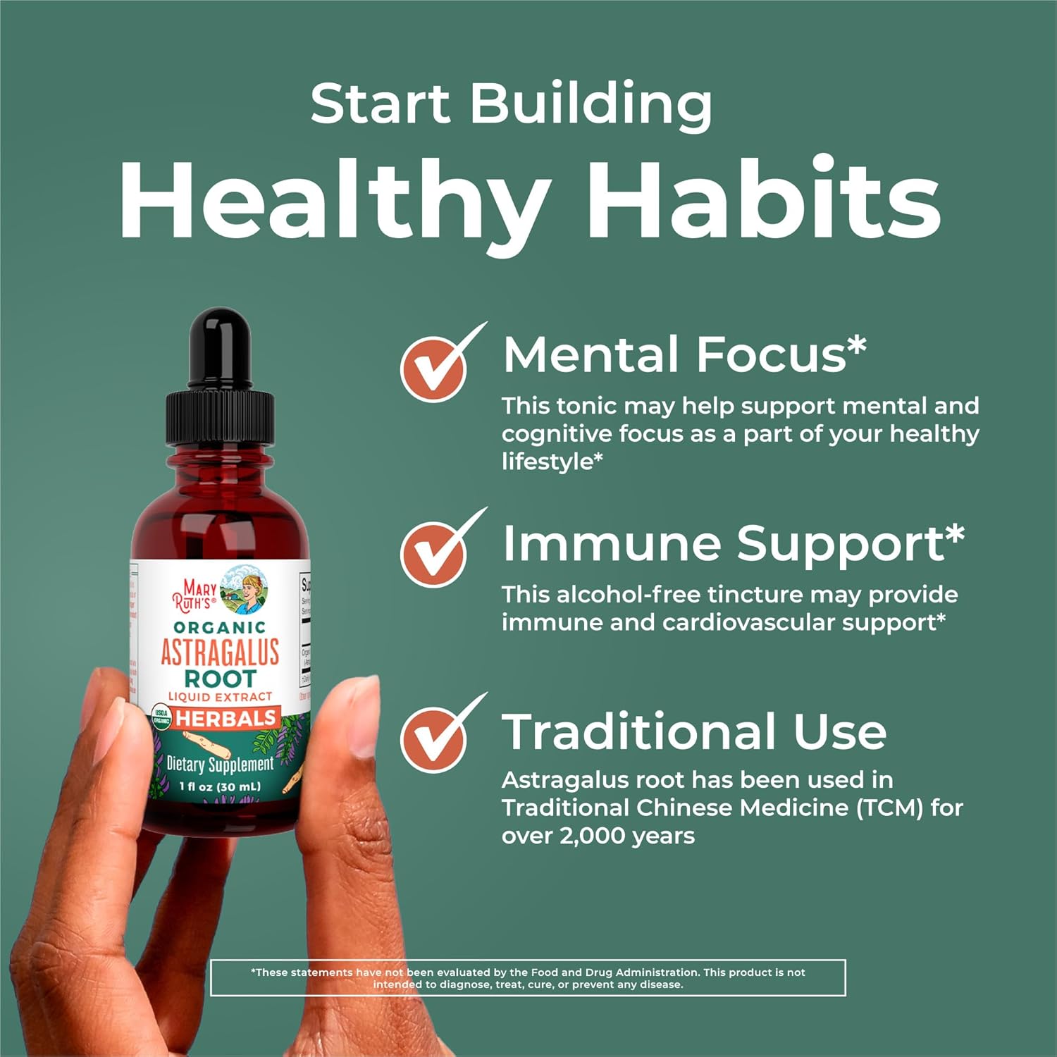 MaryRuth Organics Astragalus Root, Sugar-Free, USDA Organic, Astragalus Extract for Immune Support and Focus, Herbal Liquid Drops, Non-GMO, Vegan, 1 Fl Oz