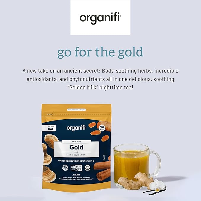 Organifi: Gold - Superfood Supplement Powder- 90 Servings (3 Pack) - Stress Support, Better Rest, Relaxation and Promotes Restful Sleep - Turmeric and Reishi Infused