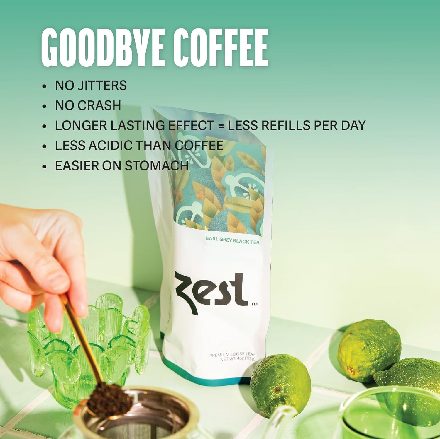 Zest Energy Green Tea - Pomegranate Mojito - High Caffeine Peppermint Tea Bags - Caffeinated Coffee Altnernative/Substitute - Natural, Non-GMO & Keto Friendly - Hot or Iced - 20Ct Pack - 135mg Caf