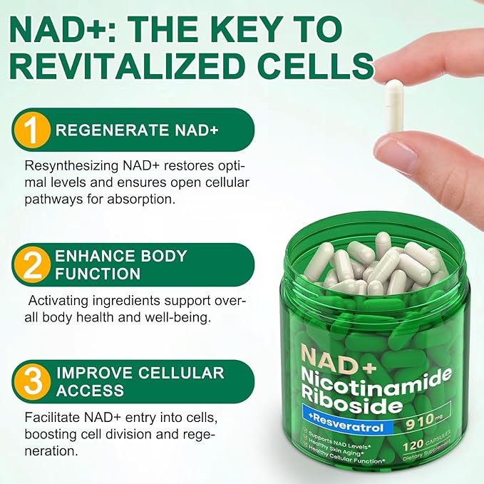 NAD Supplement 120 Capsules, Liposomal Nicotinamide Riboside, Resveratrol, Quercetin, NAD Nicotinamide Riboside Resveratrol 910mg for Women & Men, NAD Supplement for Anti Aging and Cell Regeneration