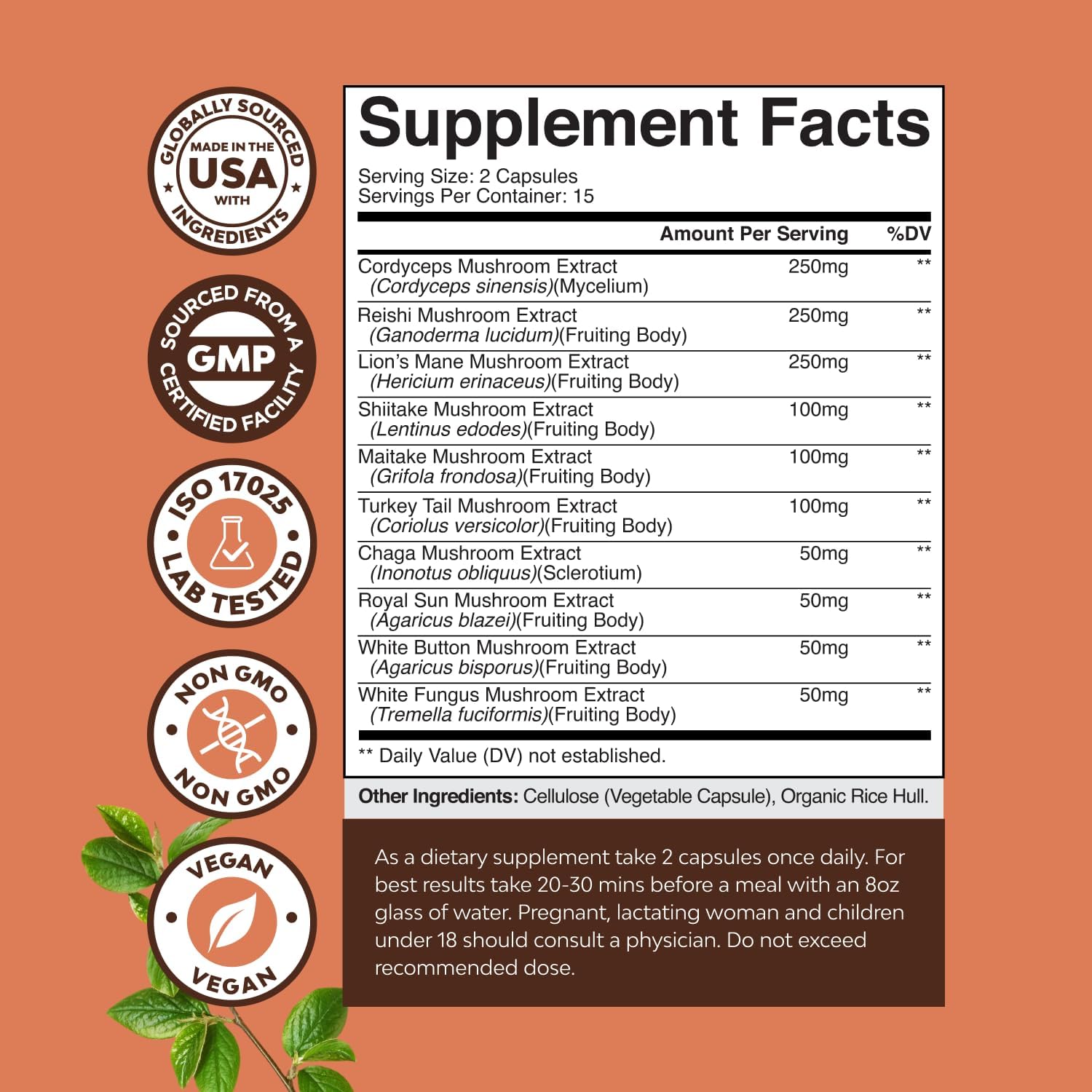 Advanced Mushroom Complex Capsules - 10X Lions Mane Supplement Capsules with Reishi, Chaga, Maitake & Shiitake for Brain Health, Memory Support & Focus - Nootropic for Mental Clarity - 30 Caps
