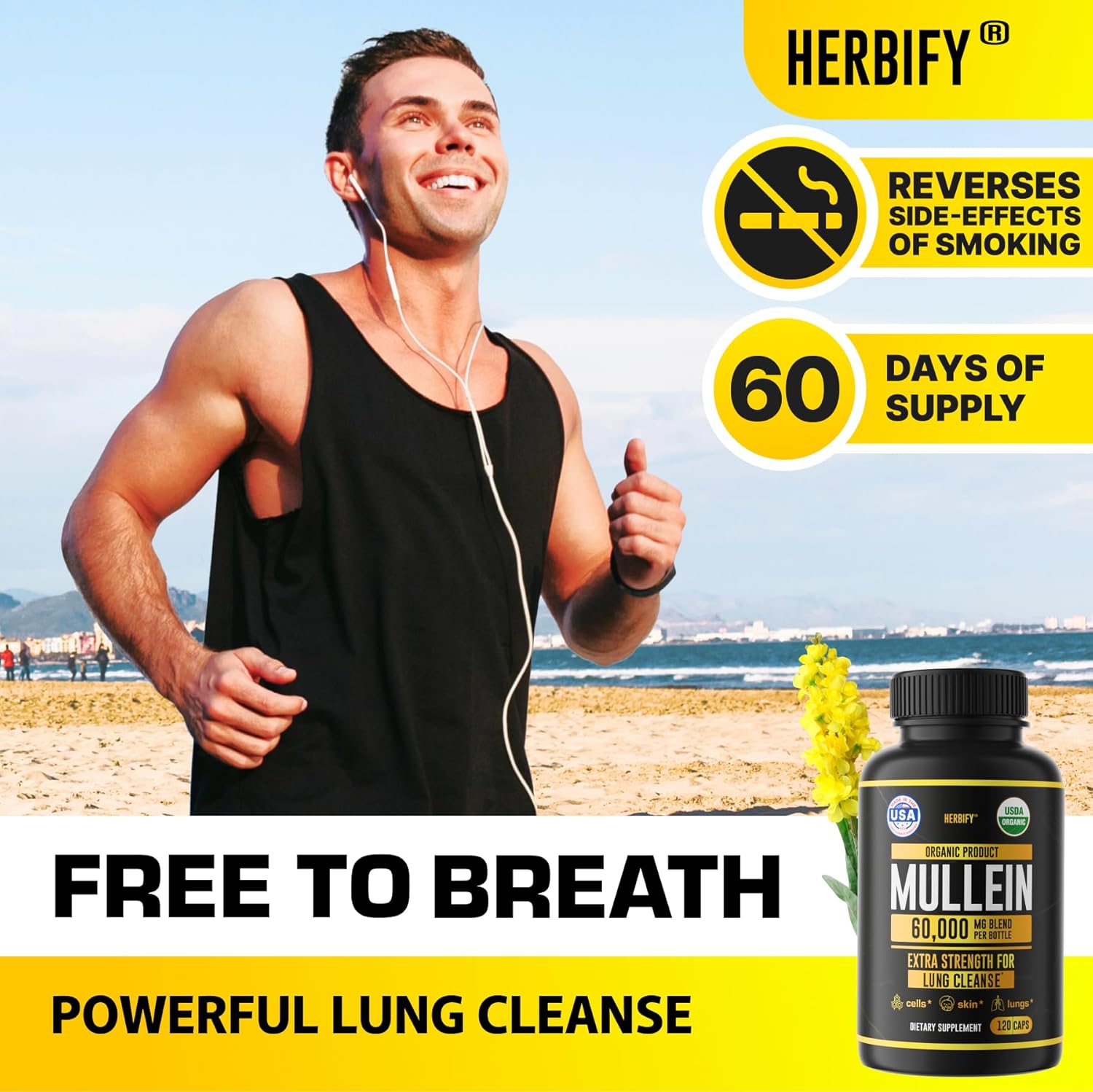 HERBIFY Mullein Capsules - Lung Cleanse - Leaf Extract - Powerful Mullein for Immune Support, Detox & Respiratory Support - Made in USA - Herbal Supplements - 120 Capsules