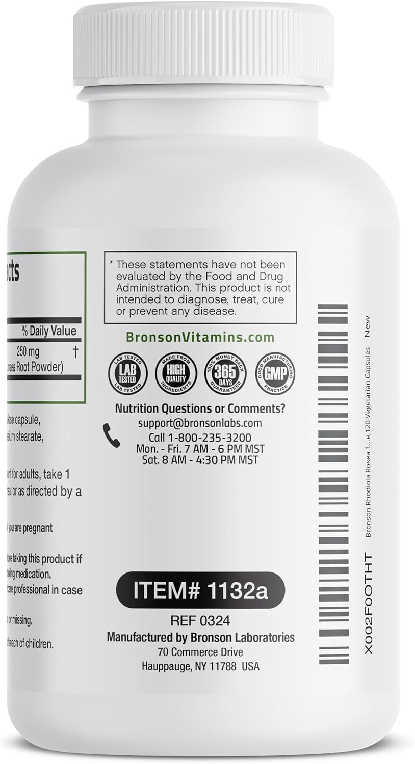 Bronson Rhodiola Rosea Vegetarian Capsules - Adaptogenic Herb - Brain, Stress & Mood Support - Non-GMO, 120 Count