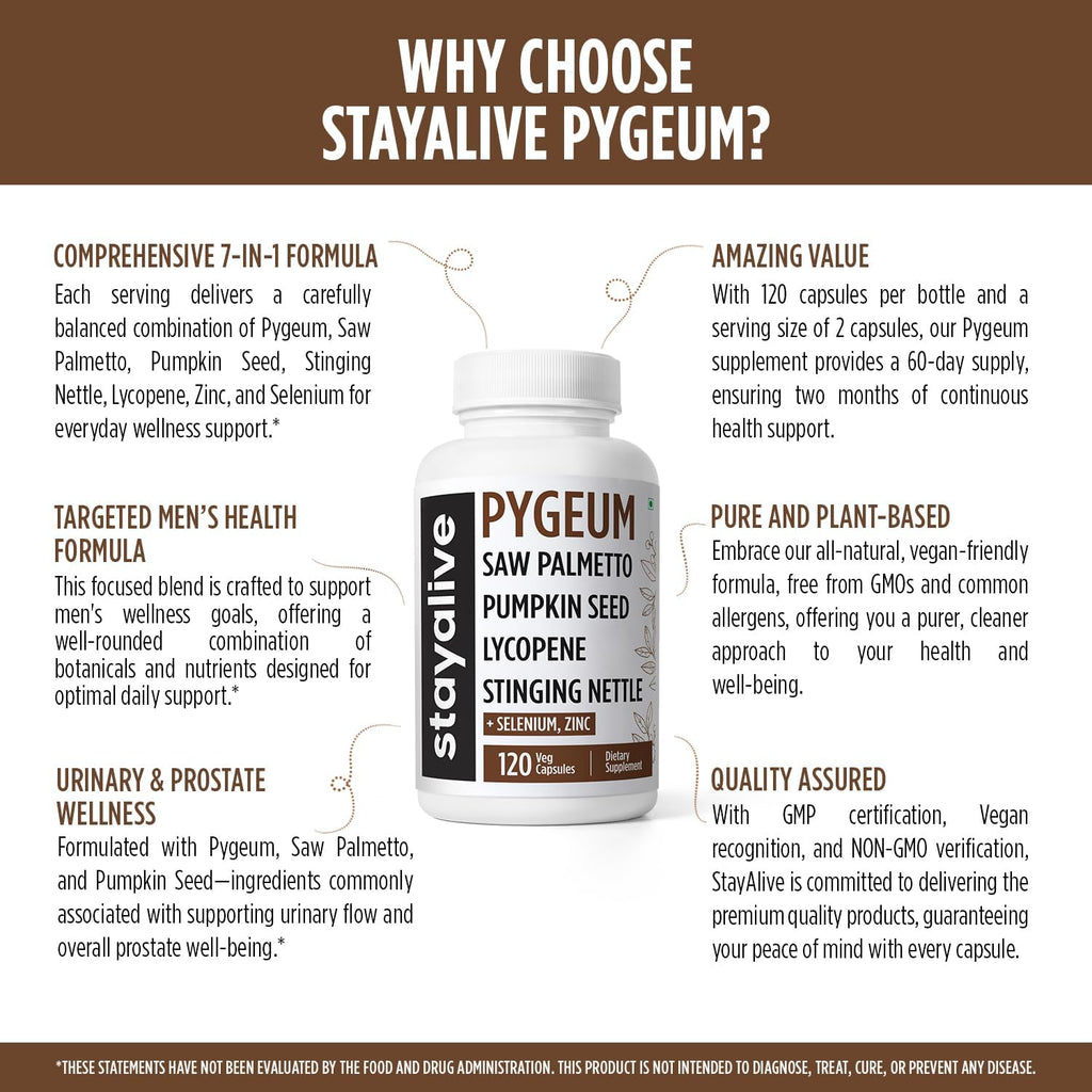 STAY ALIVE Pygeum Africanum Supplement, 7-in-1 Extract w/Saw Palmetto, Pumpkin Seed, Stinging Nettle and Lycopene, 120 Vegan Capsules, Non-GMO and Gluten-Free Pygeum Supplement for Men and Women