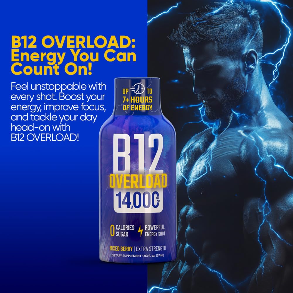 B12 Overload Extra Strength Energy Shot – Mixed Berry– 260mg Caffeine, 14000% B12, Electrolytes – Energy & Vitality Support – Zero Sugar No Calories – Vegan, Kosher, Gluten-Free – 1.93 fl oz, 24-Pack