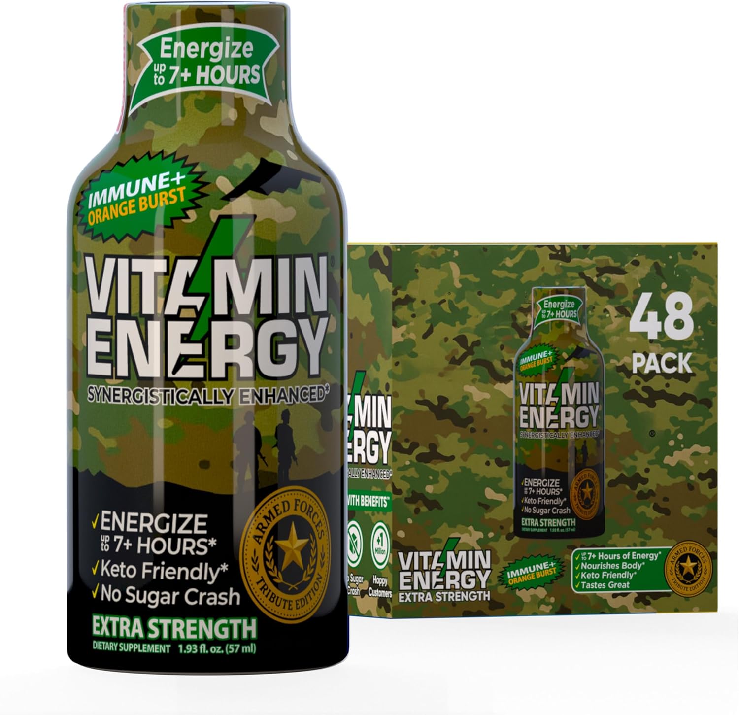 Vitamin Energy Immune+ Extra Strength Energy Shot Army Orange 48 Pack, 260mg Natural Caffeine, B-Vitamins, Citicoline, Green Tea, Immunity & Focus Support, Zero Sugar, Gluten-Free 1.93 fl oz