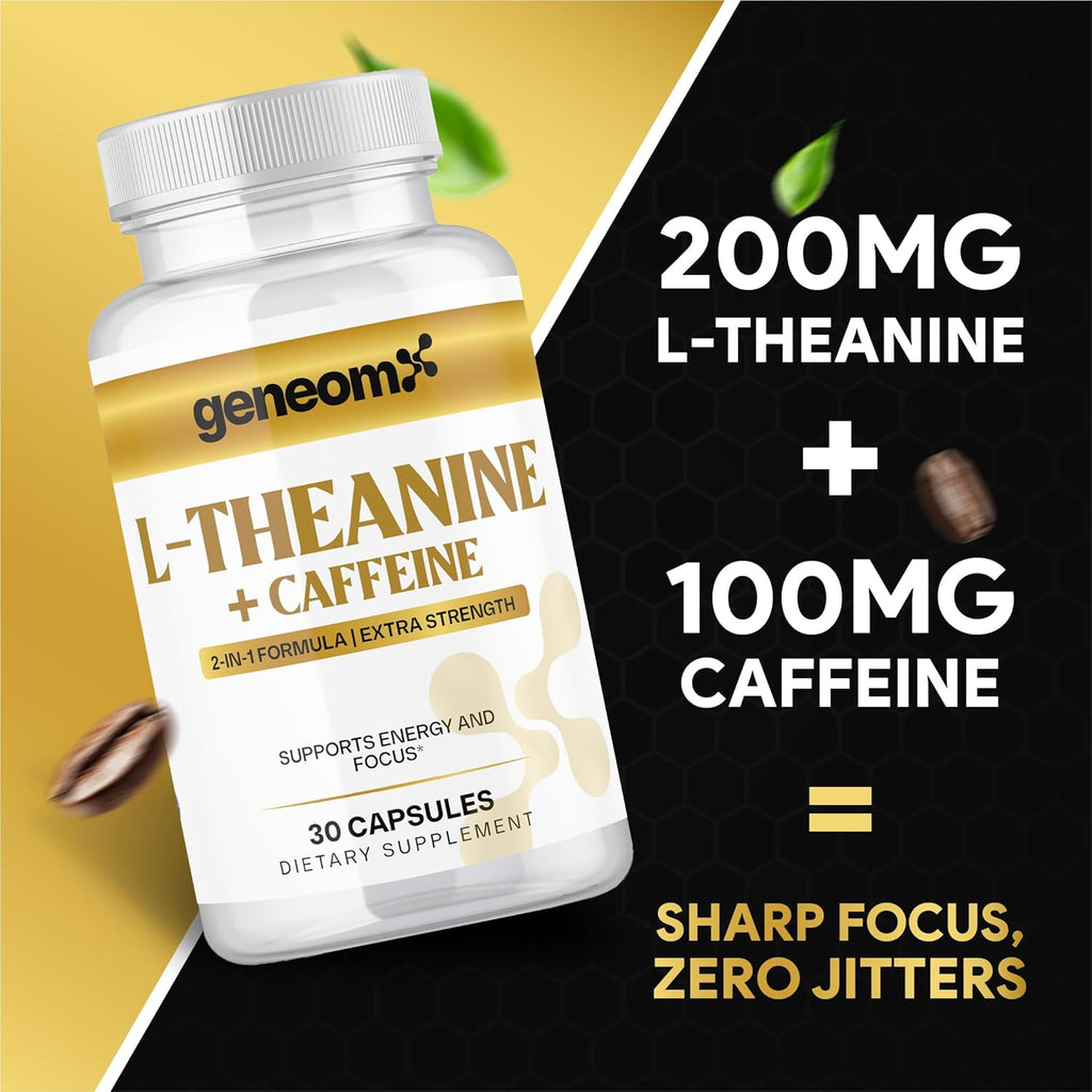 L-Theanine + Caffeine Supplement - Extra Strength 2-in-1 Formula for Mental Clarity, Energy and Focus with Natural Green Coffee Bean Extract, Supports Calm & Alertness | 30 Vegetarian Capsules