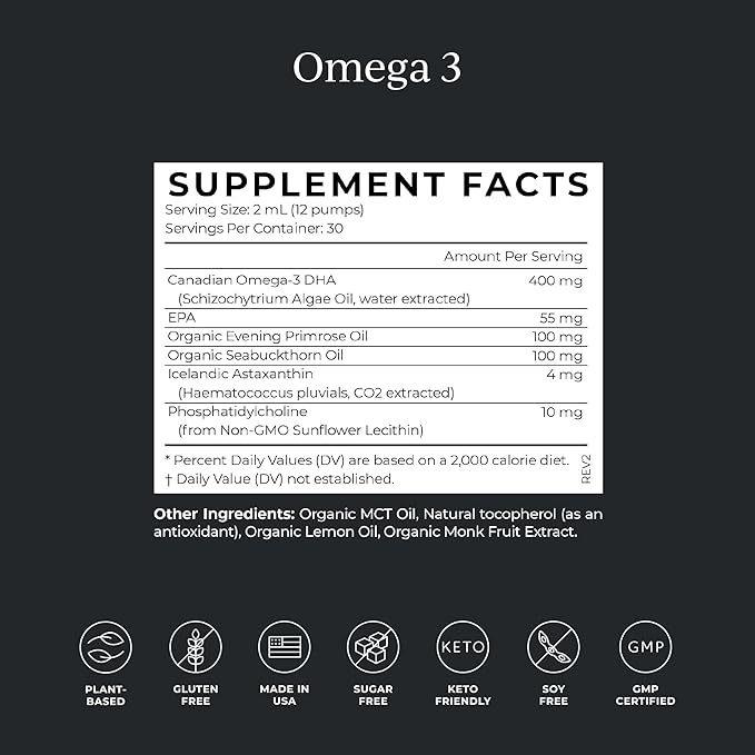 CYMBIOTIKA DHA Vegan Omega-3 Liquid Supplement with EPA & Astaxanthin, Lemon Flavor, 2 oz, Keto-Friendly, Gluten-Free, Fish Oil-Free